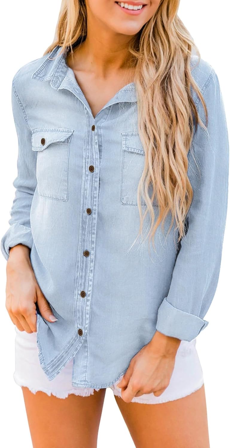 Roskiky Jeanshemd Damen Bluse Damen Western Hemden Tunika Damen Langarm Button Down Oberteile Damen