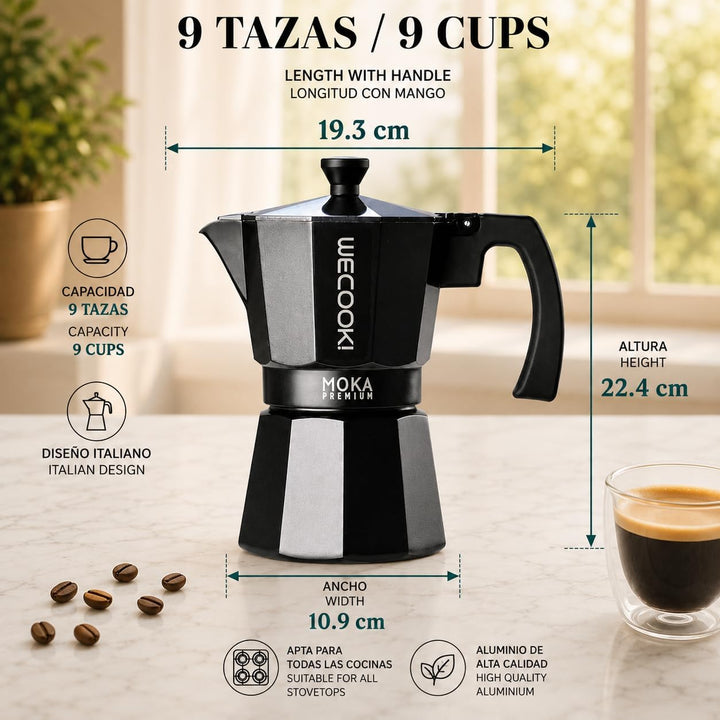 WECOOK! Bella Espressokocher Schwarz aus Aluminium, Moka Kaffeekocher, 9 Tassen (450 ml), Silikondic