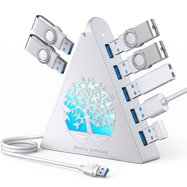 7-Port USB 3.0 Hub, Weiss Vertikaler USB Hub Splitter mit baumförmiger RGB-Beleuchtung, 5Gbps Hochge