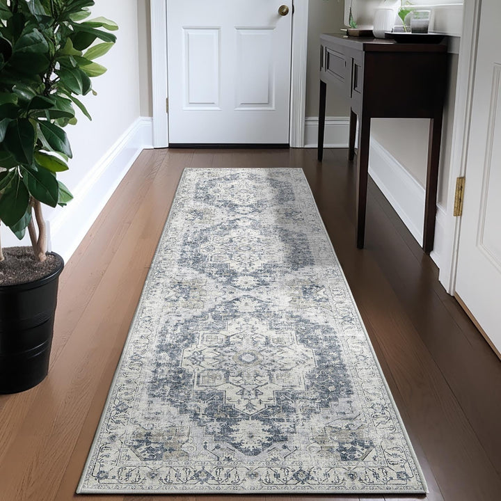 TOPICK Läufer 60x210cm Grau Flur Floral Teppich Waschbar Superdünne Faltbar Vintage Blumenteppich Ku