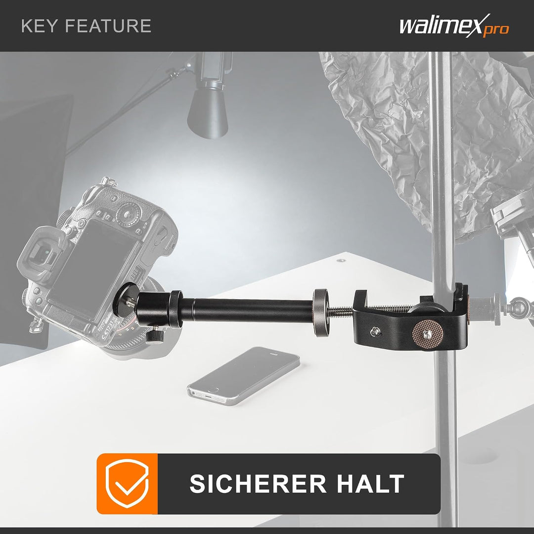 Walimex pro KX-20 Stativ Klemme – Klemmstativ, Blitzklemme, Aluminium, mit ausziehbarer Mittelsäule