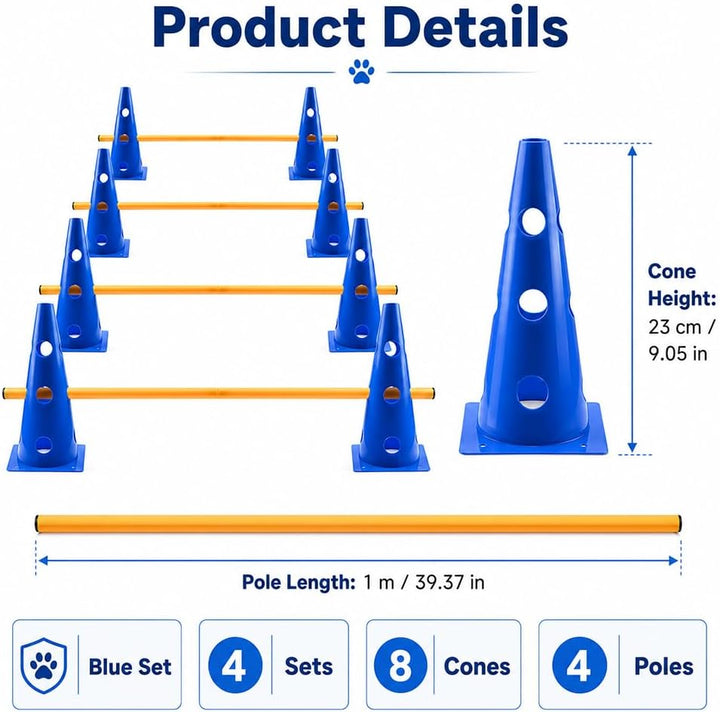 Steckhürdenset, Agility Set Hunde mit 8 Kegel(23cm) + 4 Stangen(1 m), Cavaletti Hund für Koordinatio