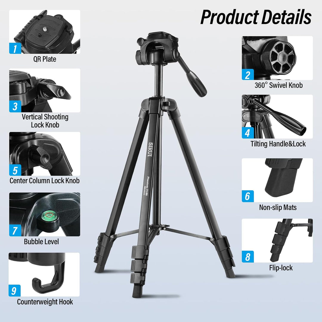 SIRUI Kamera Stativ 180cm, Aluminium Camera Tripod mit Telefonklemme Dreibein-Stative Fotostativ für