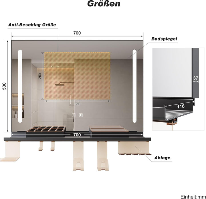 SONNI Badezimmerspiegel mit Beleuchtung 70x50 cm, LED Badspiegel mit Ablage 70cm, 3 einstellbare Lic