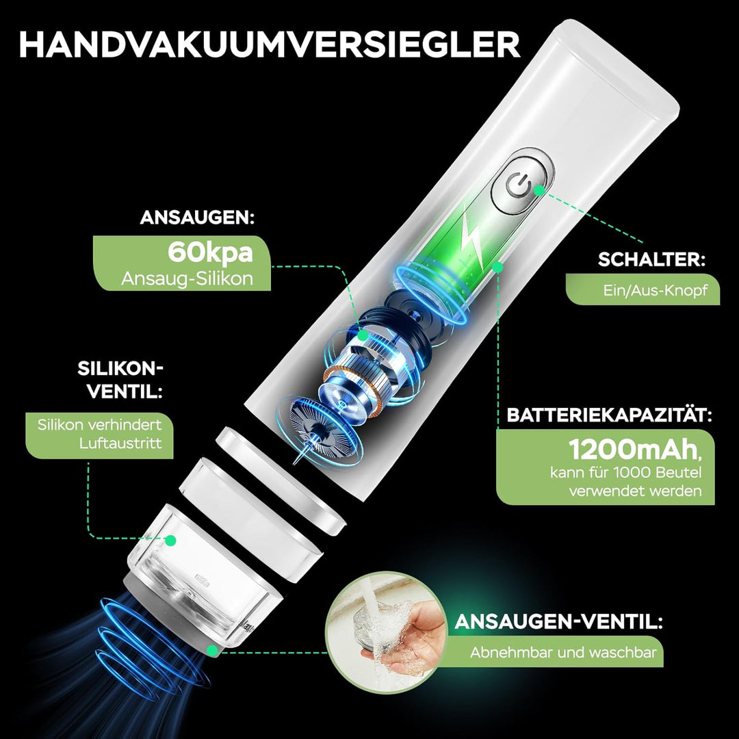 Vakuumiergerät Klein, Handvakuumierer mit 60 kPa Saugkraft, Vakuumierer für Lebensmittel mit 20 Wied