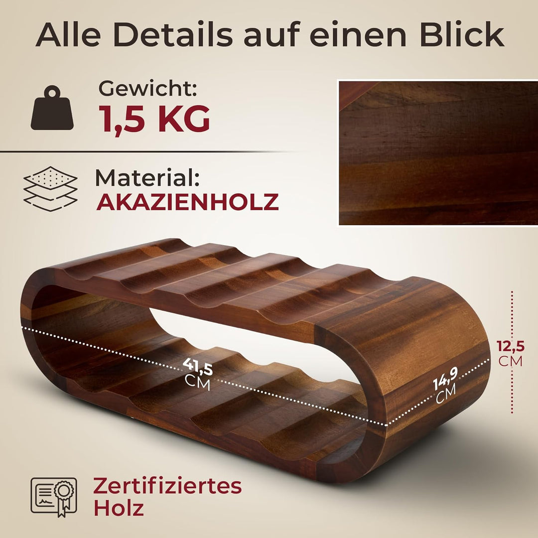 Modernes Weinregal Holz 8 Flaschen – Stilvolles Akazienholz Flaschenregal, 2 Etagen, platzsparend &