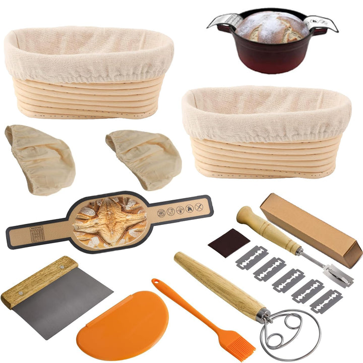 Gärkörbchen-Set, 2 ovale Gärkörbchen (25 cm), Silikon-Brotschlinge, dänischer Teigbesen, Teigschaber