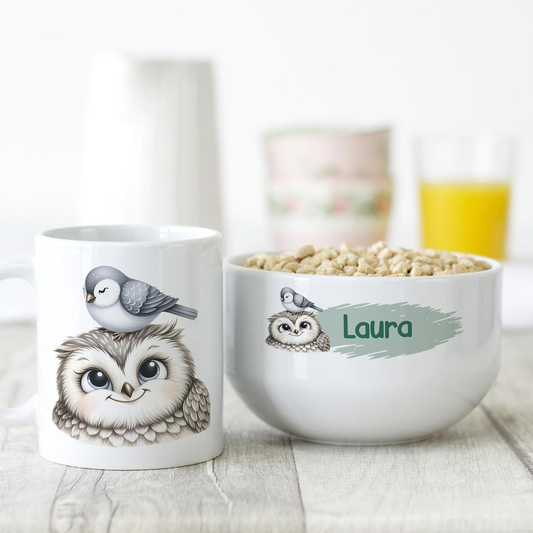 GRAZDesign Frühstückset Tasse mit Müslischale personalisiert für Kinder Eule Motiv aus Keramik - Ges