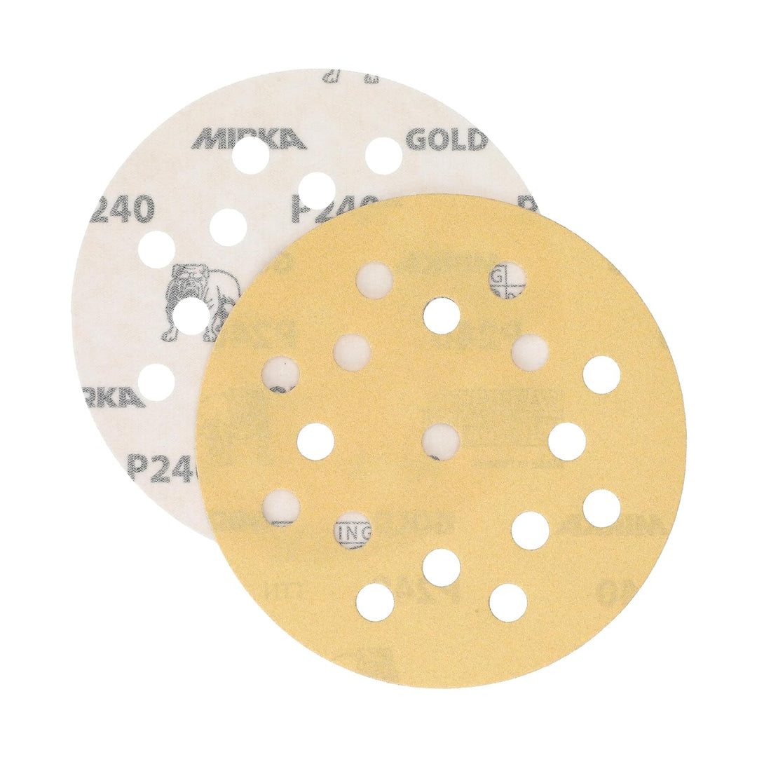 Mirka Gold Universal-Schleifpapier Ø 125mm Klett 17-Loch, Korn P240, 100 Stk / Zum Schleifen von Gip