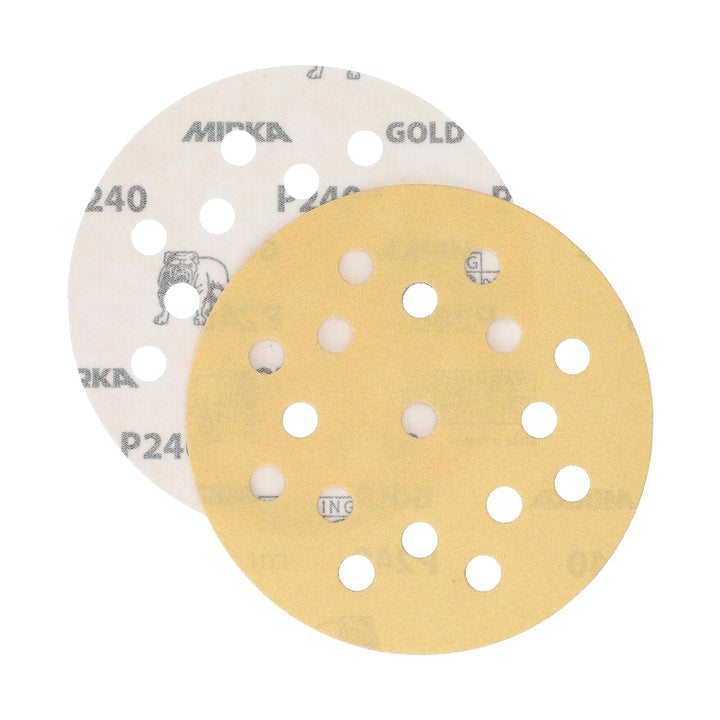 Mirka Gold Universal-Schleifpapier Ø 125mm Klett 17-Loch, Korn P240, 100 Stk / Zum Schleifen von Gip