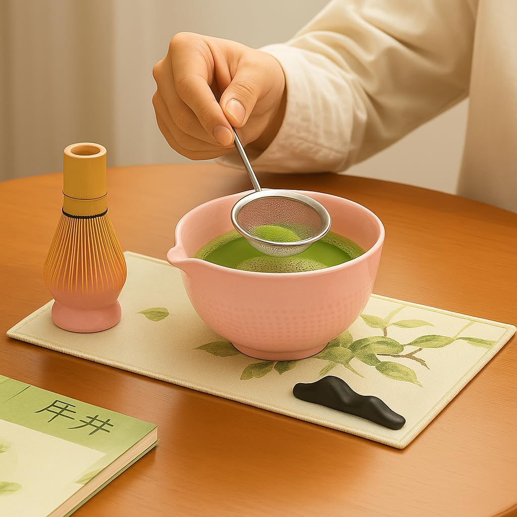Matcha Set 7-teilig – Premium Tee Set mit Keramik Matcha Schale, Bambus Schneebesen (Chasen), Sieb &