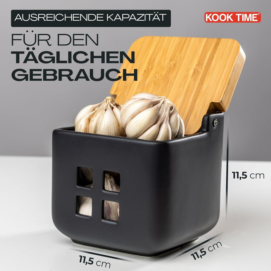 Kook Time Knoblauch Dose - Matt Schwarz Keramik Knoblauchtopf mit Bambusholz Deckel, Perfekte Knobla