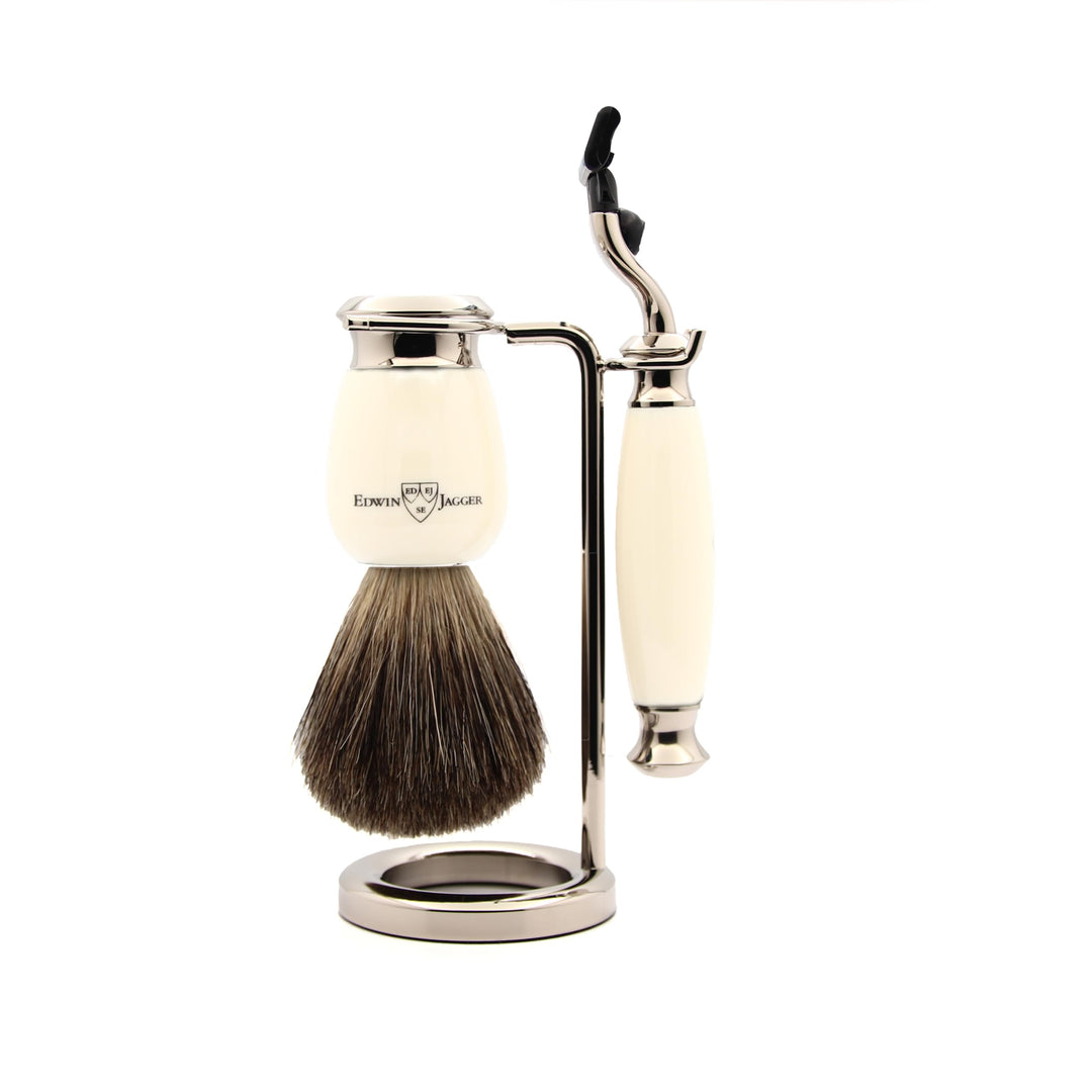 Edwin Jagger Rasur-Geschenk-Set- Pure Badger Dachshaar-Rasierpinsel, Gillette Mach 3 Rasierer, verni