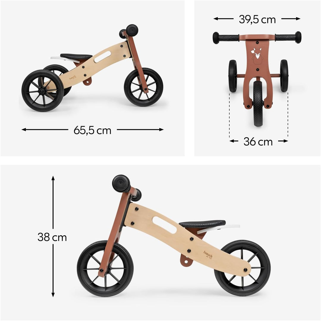 Hauck First Ride Eco, Fuchs - 2 in 1 Holz Dreirad Rutscher & Zweirad Laufrad mit 7,5 Zoll Räder für