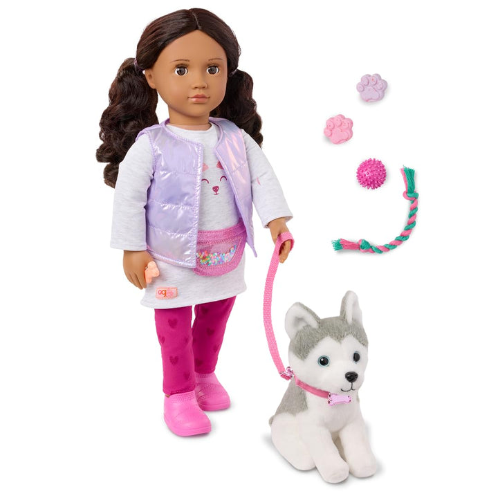 Our Generation - Estella - 46 cm-Puppe & Haustier Welpen Set - Lebensechte dunkelbraune Augen und ge