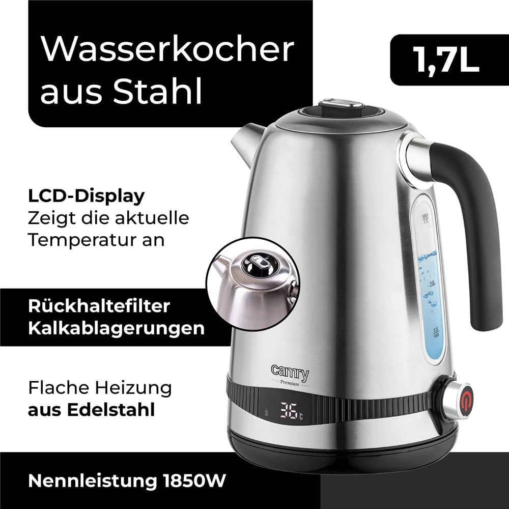 CAMRY CR 1291 Wasserkocher aus Edelstahl, 1,7L, Maximalleistung 2200 W, LCD-Temperaturanzeige, Kalkf