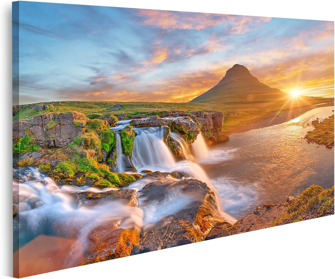 islandburner Bild auf Leinwand Schöne Landschaft Sonnenaufgang Kirkjufellsfoss Wasserfall Kirkjufell