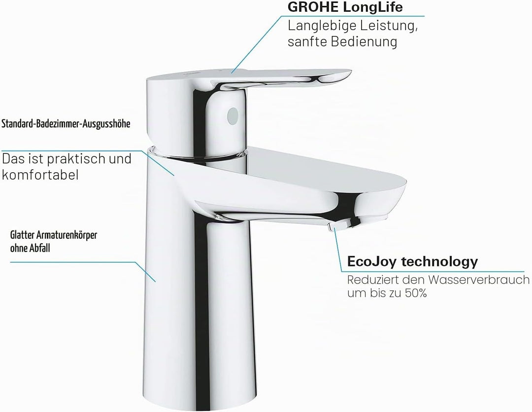 GROHE BauEdge | Badarmatur- Einhand-Waschtischbatterie, S-Size | mit Keramikkartusche | chrom | 2333