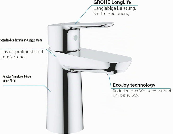 GROHE BauEdge | Badarmatur- Einhand-Waschtischbatterie, S-Size | mit Keramikkartusche | chrom | 2333