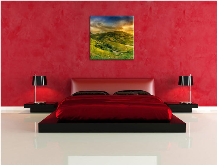 eine Berg Farm in Asien, Format: 70x70 auf Leinwand, XXL riesige Bilder fertig gerahmt mit Keilrahme