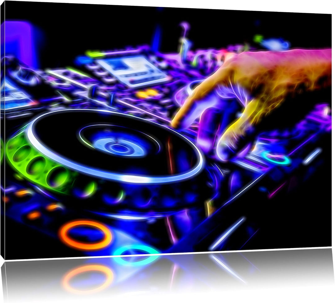 Pixxprint DJ Plattenteller, Cool Music Neon Lights Effekt, Format: 100x70 auf Leinwand, 100x70