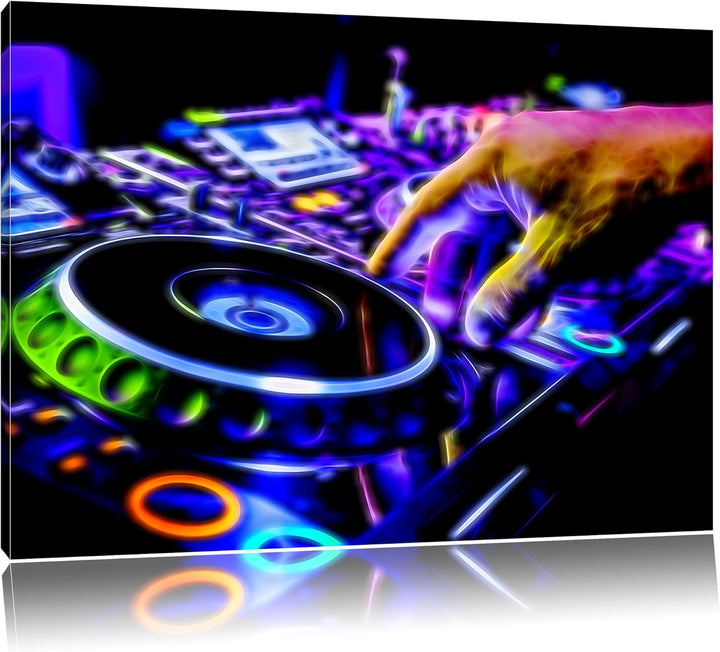 Pixxprint DJ Plattenteller, Cool Music Neon Lights Effekt, Format: 100x70 auf Leinwand, 100x70