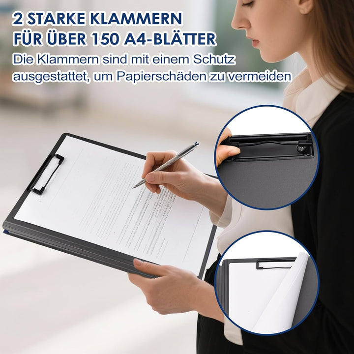 2er Pack Klemmbrett A4, Schreibmappe A4 mit 2 Klemmen, Klemmbrett mit Deckel, Klemmbretter für Büro,