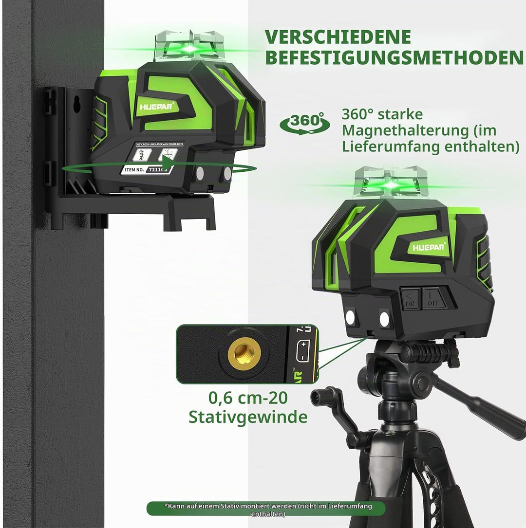 Huepar Selbstnivellierender Grüner Lasernivellier Kreuzlinien mit 2 Lotpunkten Laserwerkzeug - 360 °