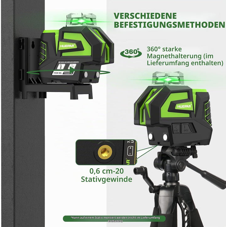 Huepar Selbstnivellierender Grüner Lasernivellier Kreuzlinien mit 2 Lotpunkten Laserwerkzeug - 360 °