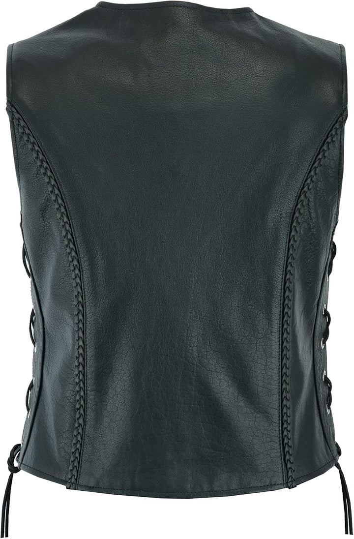 Leatherick Damen Braided motorradfahrer stil Leder weste schwarz M Schwarz, M Schwarz