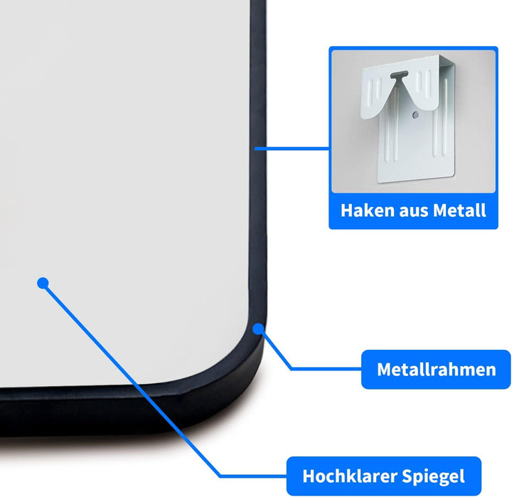 Wandspiegel gross Schwarz 60x80 cm Spiegel Rechteckiger Abgerundete Ecken Wandmontage Edelstahl Kosm