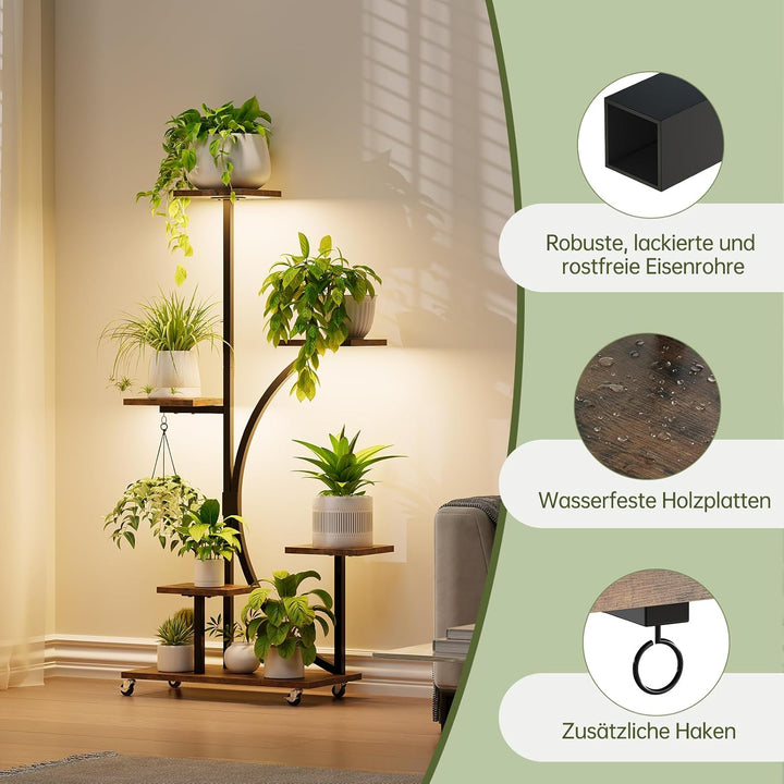 Pflanzenständer mit Wachstumslicht, Blumenständer 6 Stöckiges 125cm, Pflanzenregal Metall Holz mit F