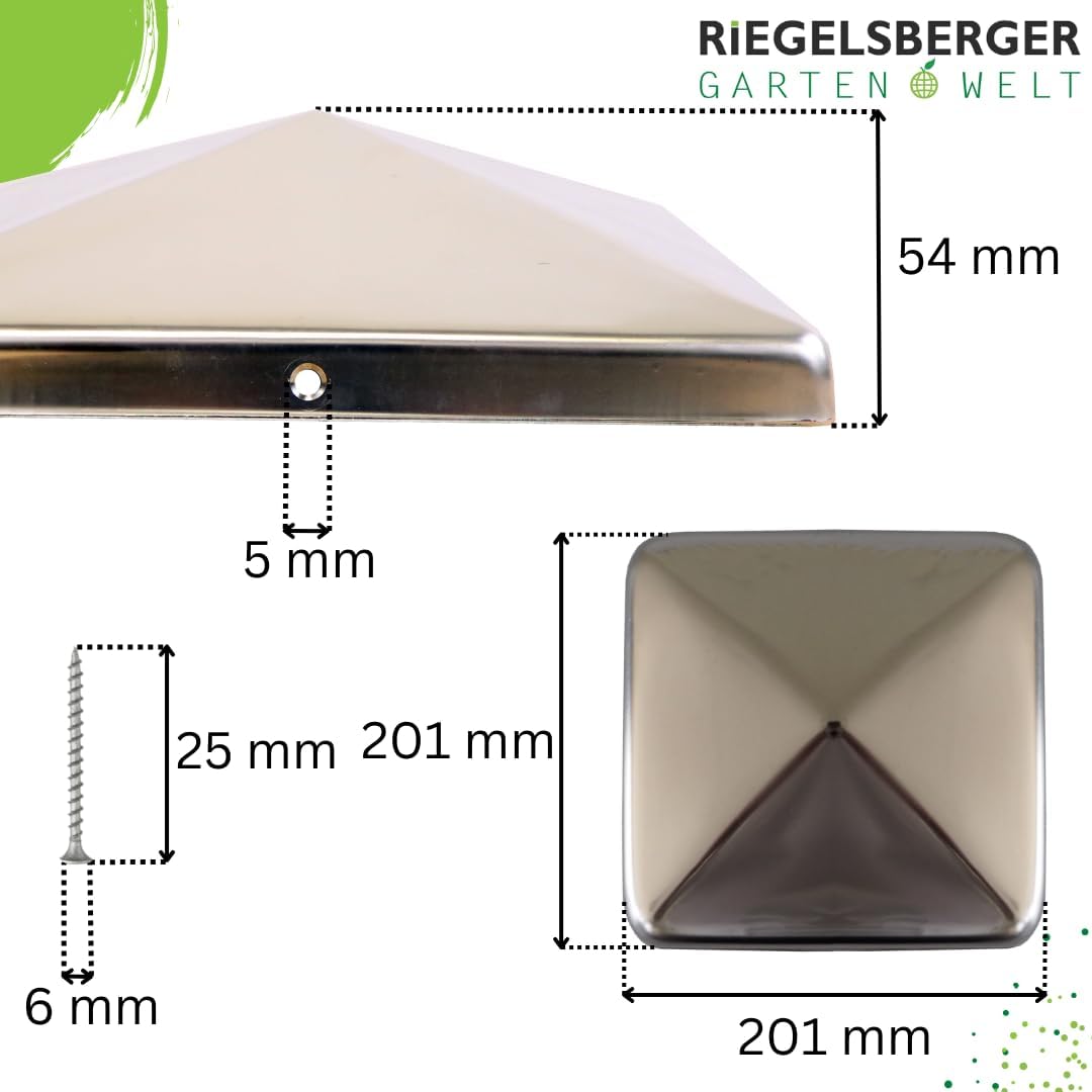 Gartenwelt Riegelsberger Premium Pfostenkappe 201x201 mm aus Edelstahl für Pfosten 20x20 cm Pyramide