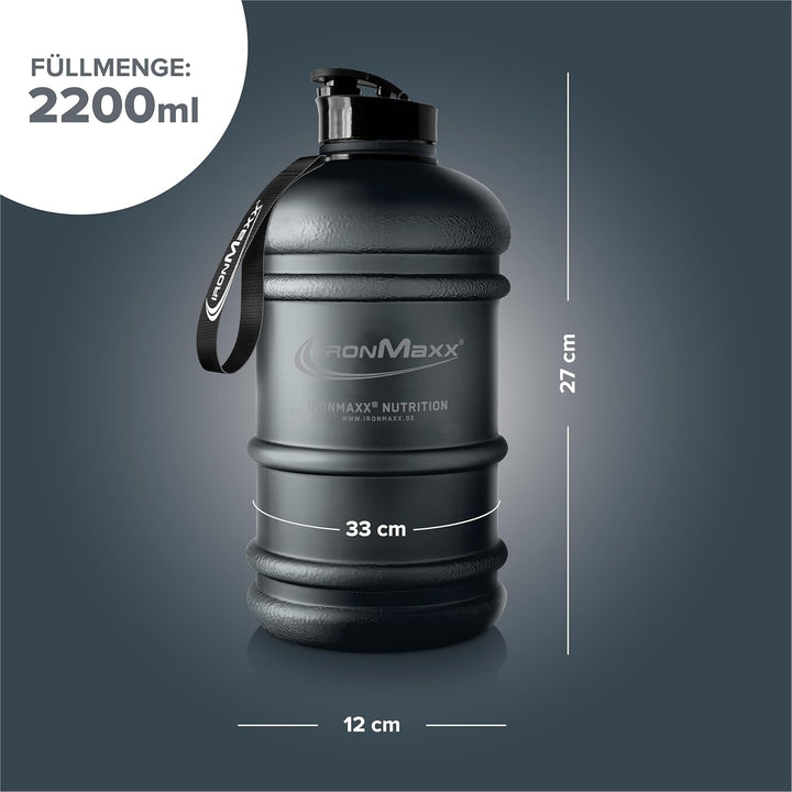 IronMaxx Water Gallon - Matt Deep Black 2200ml | BPA & DEHP frei | auslaufsichere Trinkflasche mit M