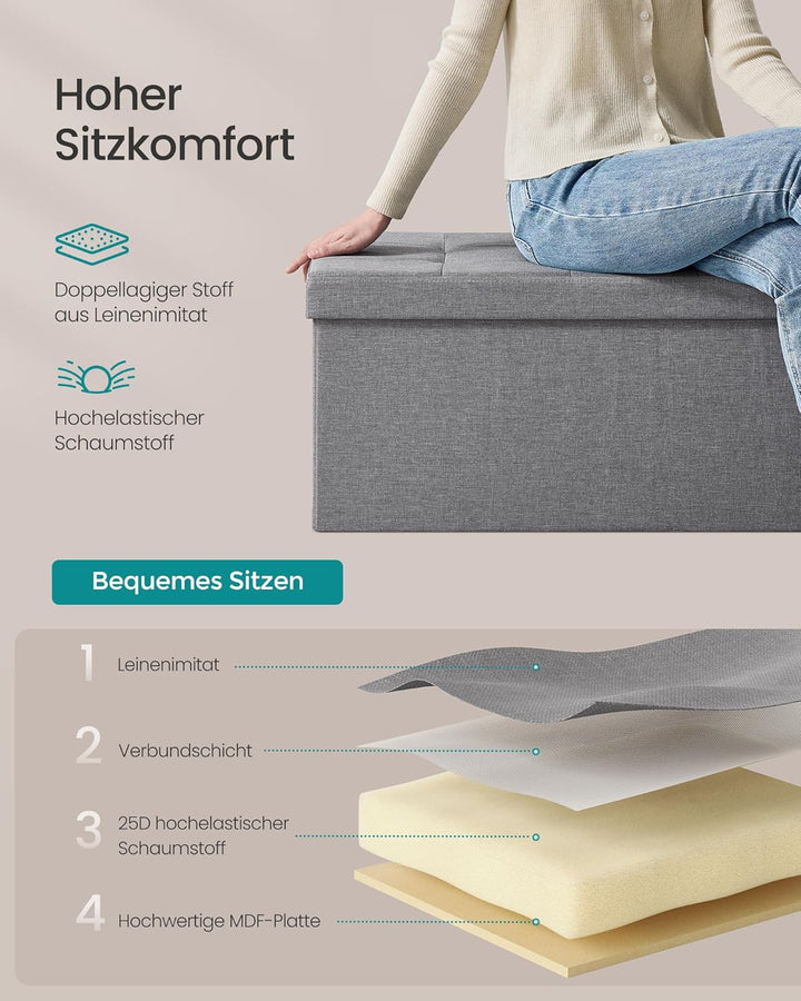 SONGMICS Sitzhocker mit Stauraum, klappbare Sitzbank, 38 x 76 x 38 cm Fussbank, Aufbewahrungsbox, bi