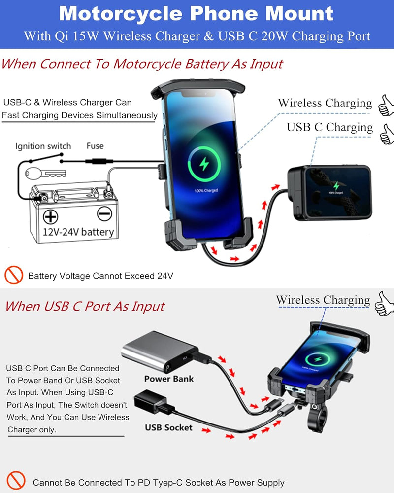 Motorrad Handyhalterung mit Qi 15W kabellosem Ladegerät und USB-C 20W Ladeanschluss, BRCOVAN EIN-Kno