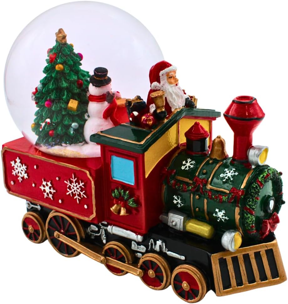 Schneekugel als Lokomotive mit Spielwerk, Schneemann, Weihnachtsmann und Tannenbaum, Sockel als Lok,