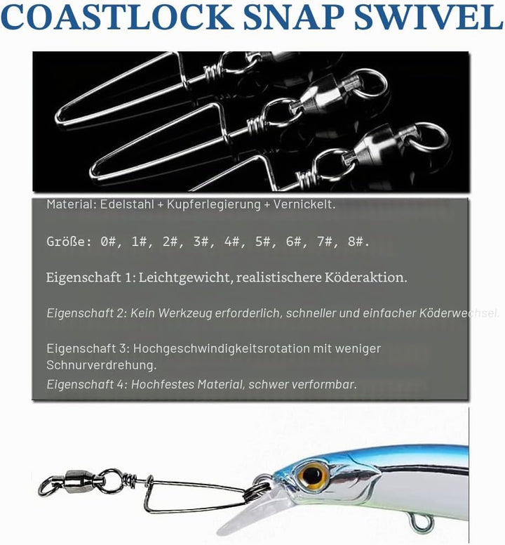 9Tong Kugellager Wirbel mit Coastlock Snap, Edelstahl geschweisster Ring für Angeln Salzwasser Stand