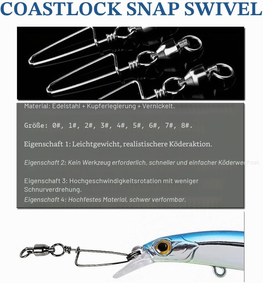 Kugellager Wirbel mit Coastlock Snap, Edelstahl geschweisster Ring für Angeln Salzwasser Standard Sc