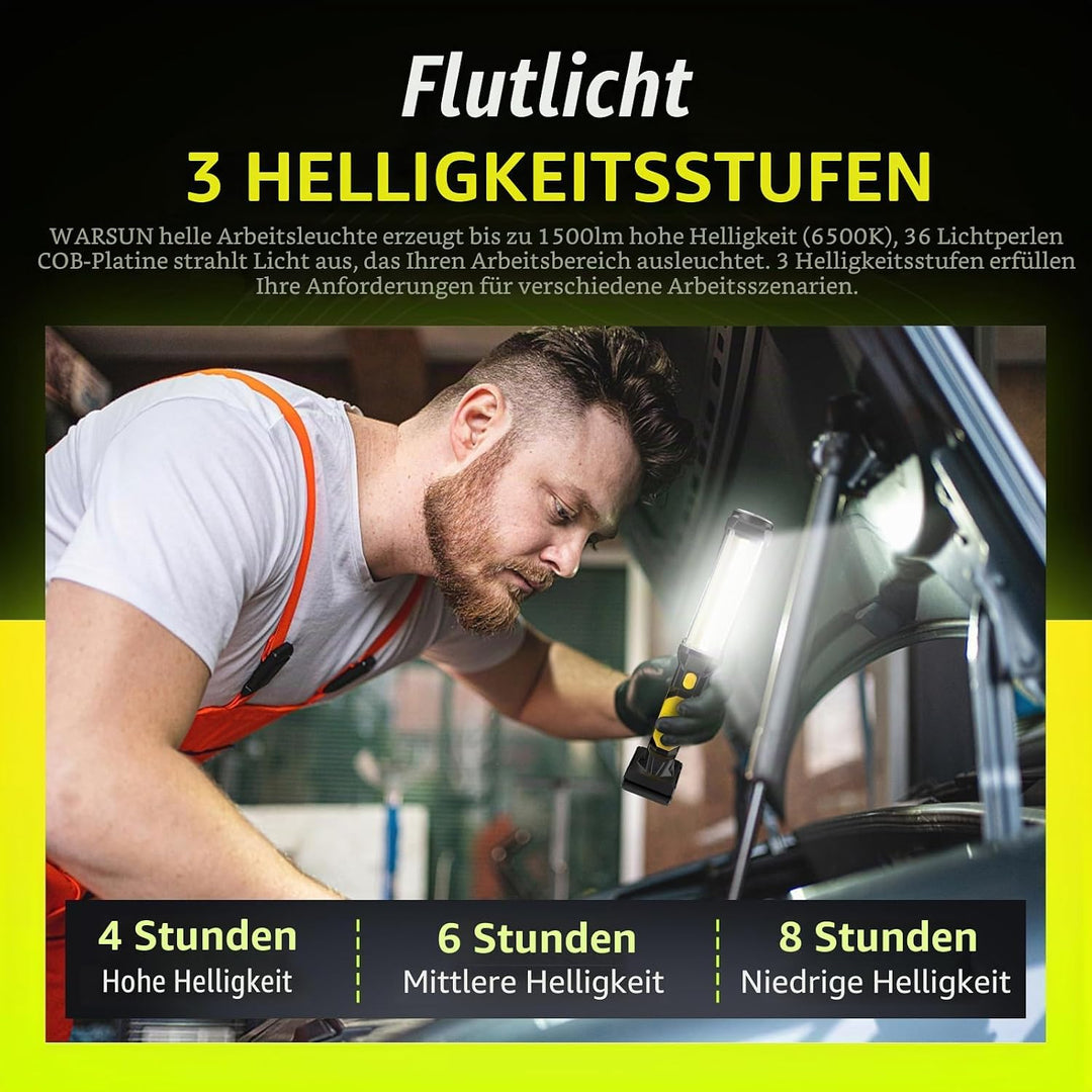 WARSUN LED Arbeitsleuchte Wiederaufladbar Werkstattlampe Taschenlampe 1500 Lumen COB Inspektionsleuc