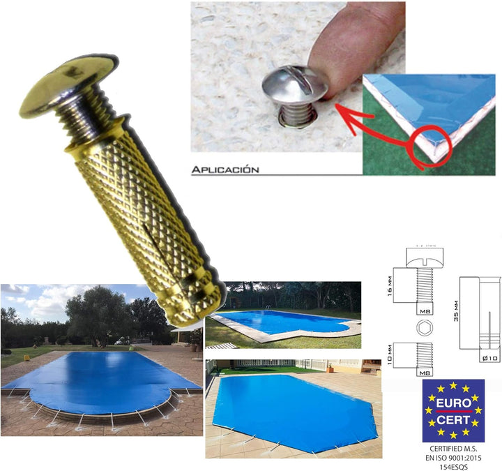 BricoLoco Pooldübel aus Messing, Schraube Edelstahl A2 | Verankersystem für Plane Swimmingpool mit V