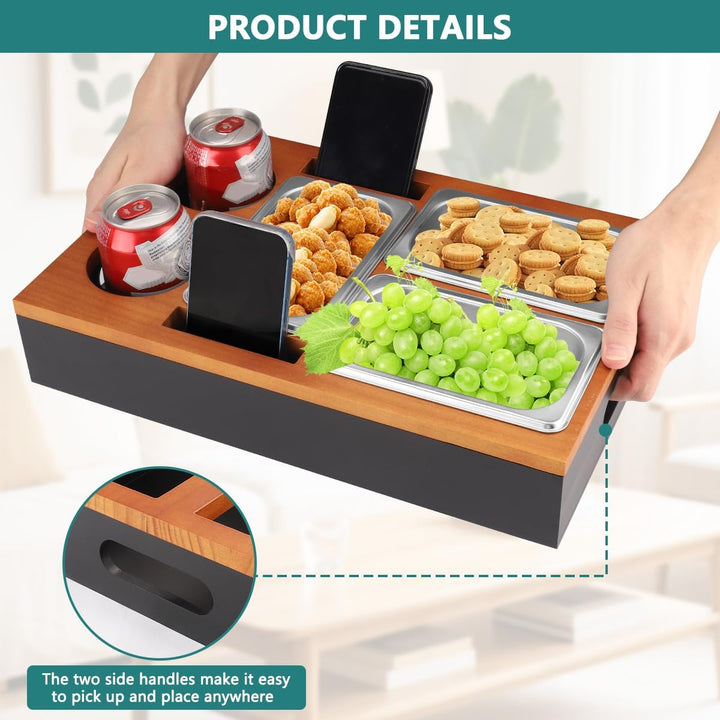 Foydream Couchbar Snackbox, Sofa Tablett Holz mit 3 Snackschalen, 2 Getränkehalter and Handyhalterun