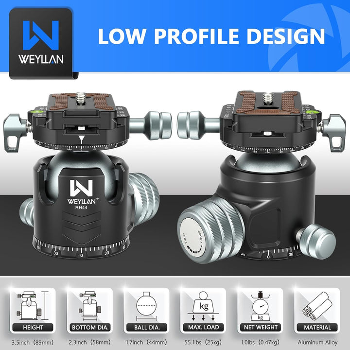 WEYLLAN Doppelter Panorama Low Profile Kugelkopf für 360 °drehbar,Stativkopf mit Schnellwechselplatt