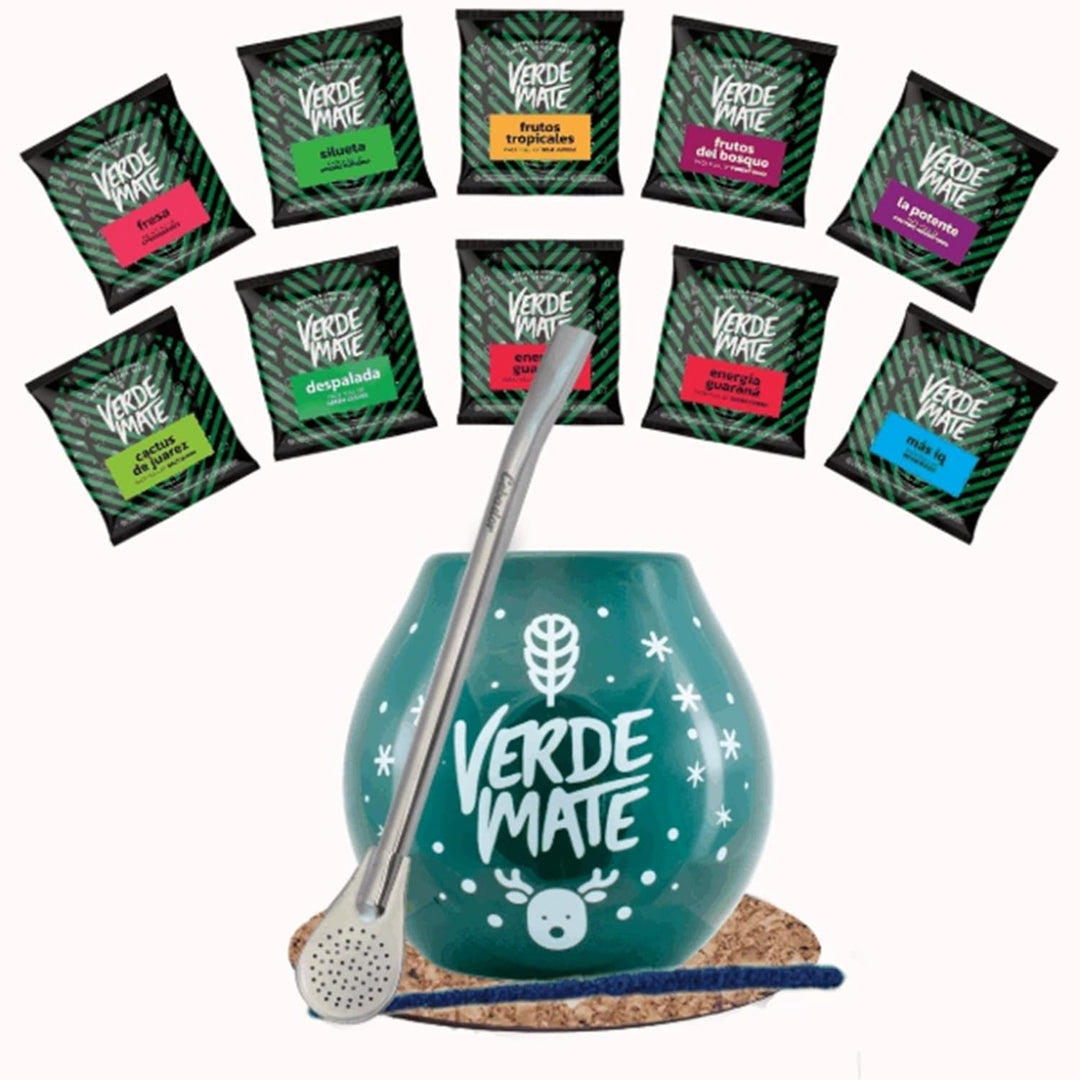 Mate Tee Verde Mate Set 500g - 10x 50g Yerba Mate Proben mit Keramik Mate Becher, Bombilla Mercedes,