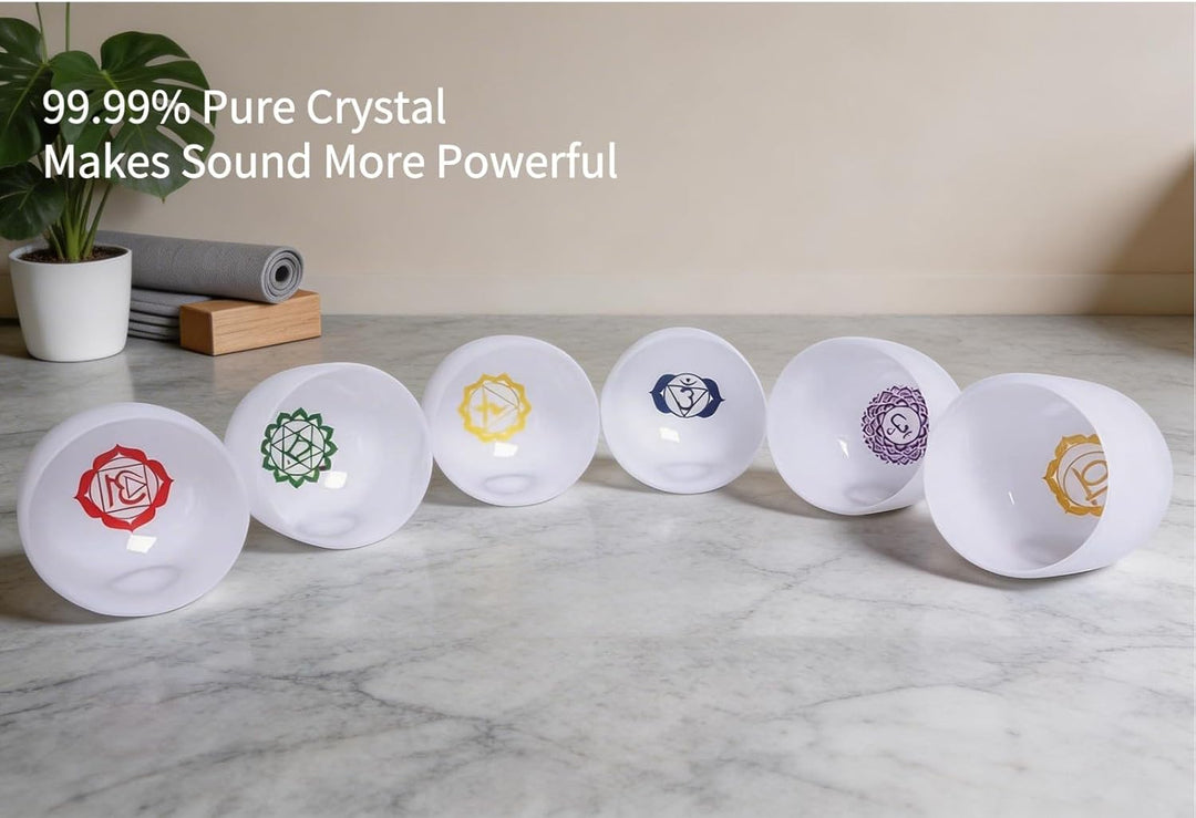 ENERGYSOUND 432Hz 6-12 Inch Chakra Symbol Design Frosted Quartz Crystal Singing Bowl with 2 PCS Trav
