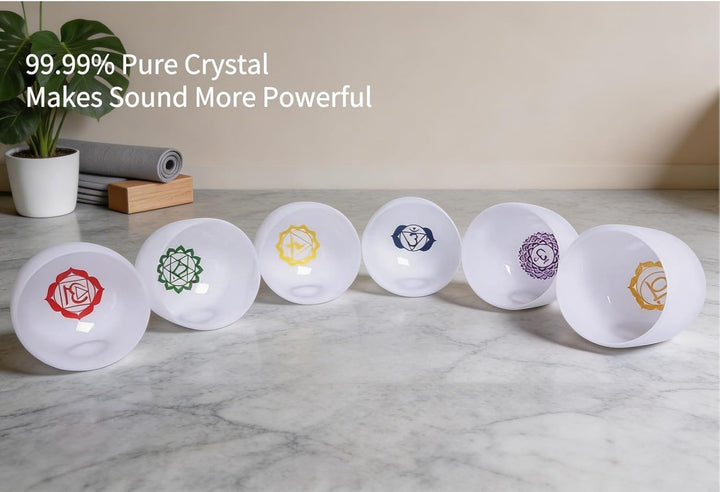 ENERGYSOUND 432Hz 6-12 Inch Chakra Symbol Design Frosted Quartz Crystal Singing Bowl with 2 PCS Trav