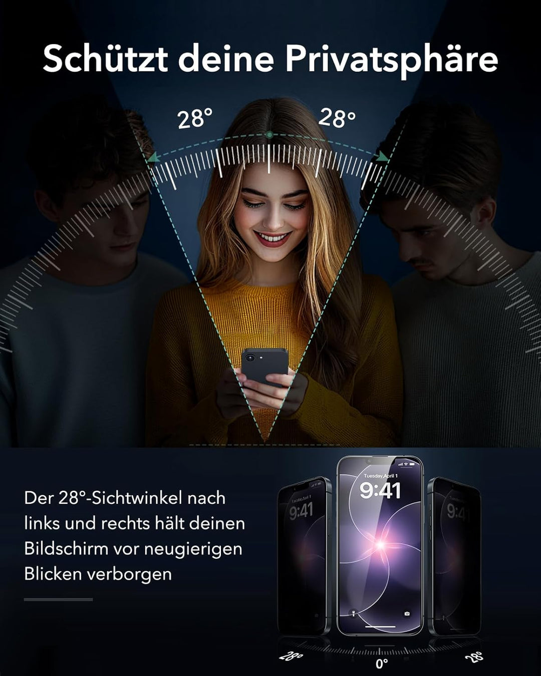 ESR für iPhone 14/13/13 Pro für Panzerglas, 9H+ Display Sichtschutzfolie aus gehärtetem Glas 3 Stück