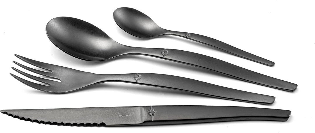 Lou Laguiole JET Steakbesteck Set JET – Besteck Set für 4 Personen | 16-teilig | Schwarz | PVD Beste
