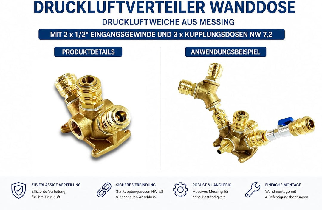 Druckluftverteiler Wanddose Druckluftweiche aus Messing mit 2 x 1/2" Eingangsgewinde und 3 x Kupplun