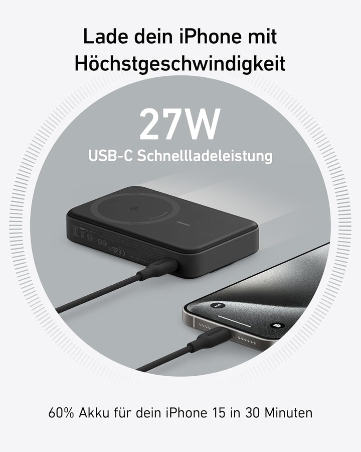 Anker MagGo Powerbank, Qi2-zertifiziertes 15W ultraschnelles MagSafe-kompatibles mobiles Ladegerät,